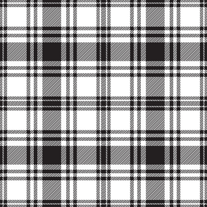 Black and white Scottish tartan plaid pattern, fabric swatch close-up.
