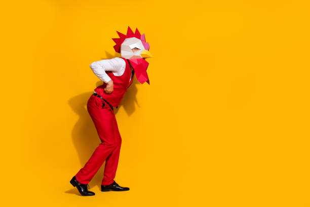 photo of crazy guy entertaining carnival give absurd performance wear rooster mask red suit isolated yellow color background - tavuk kostümü stok fotoğraflar ve resimler