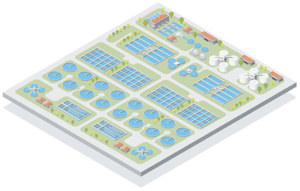 ilustrações de stock, clip art, desenhos animados e ícones de isometric water treatment - factory environment city environmental conservation