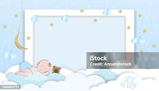 istock Vector illustration for baby boy shower card on blue background,Paper art abstract origami cloudscape, crescent moon and stars on blue sky,Cute paper cut with copy space for baby's photos 1365841727