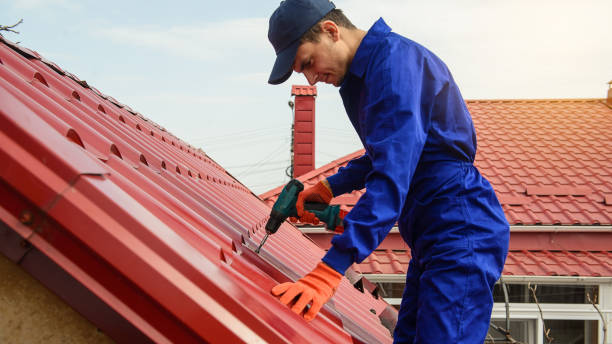 istock Young man worker in blue overall fix a metal tile roof 1365845799