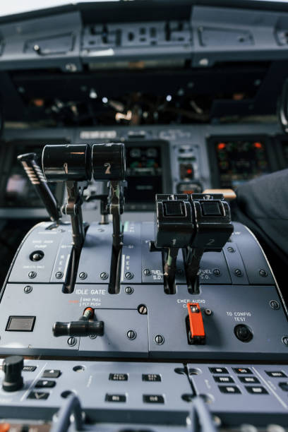 istock Close up focused view of cockpit electronics and control devices 1365847111