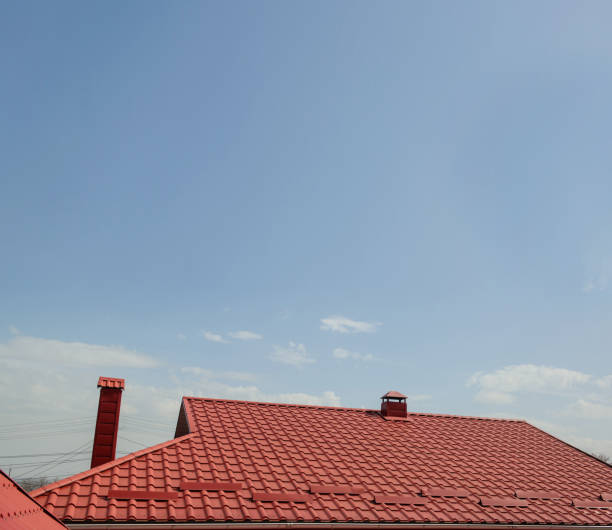 istock Red roof from from metal tile 1365847294