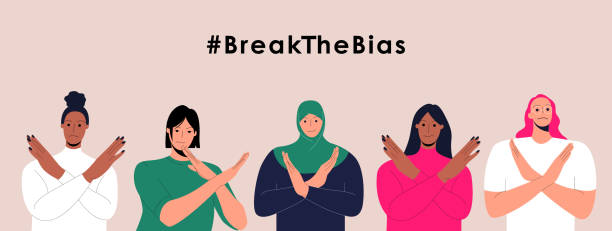 ilustrações de stock, clip art, desenhos animados e ícones de horizontal poster with a group of women of different ethnic group crossed their arms. international womens day. 8th march. breakthebias campaign. vector illustration for banner, social media. - mundial 2022