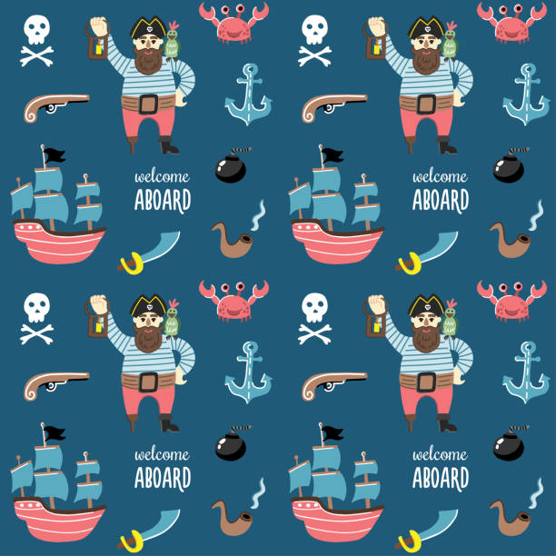 Children's seamless pattern in a nautical style with pirates, a ship, a revolver, a skull, a smoking pipe Children's seamless pattern in a nautical style with pirates, a ship, a revolver, a skull, a smoking pipe treasure island map stock illustrations