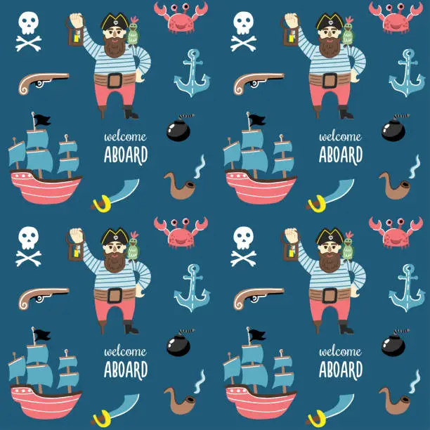 Vector illustration of Children's seamless pattern in a nautical style with pirates, a ship, a revolver, a skull, a smoking pipe