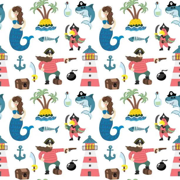 Vector illustration of Cute seamless pattern in nautical style with mermaid, lighthouse, parrot with saber, pirate, bomb, skull, flag