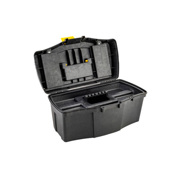 istock Plastic box with yellow locks for repair tools isolated over white background 1365848711