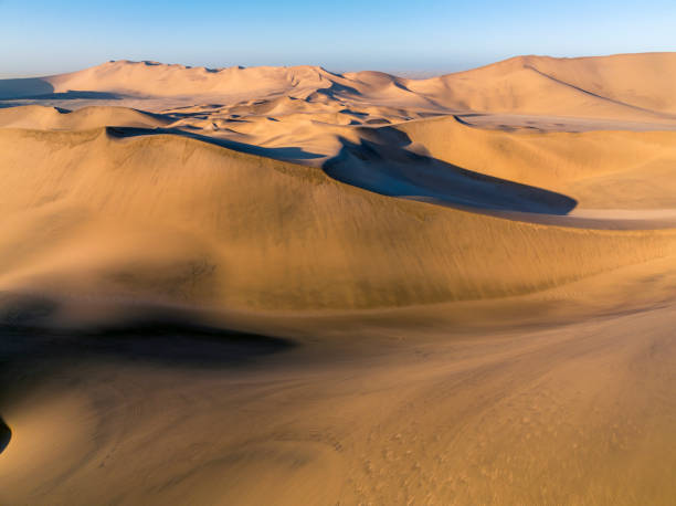 istock Dark shadows on desert dunes with thin blue horizon 1365849939
