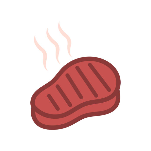 ilustraciones, imágenes clip art, dibujos animados e iconos de stock de icono de carne sobre un fondo blanco, ilustración vectorial - strip steak steak barbecue grill cooked