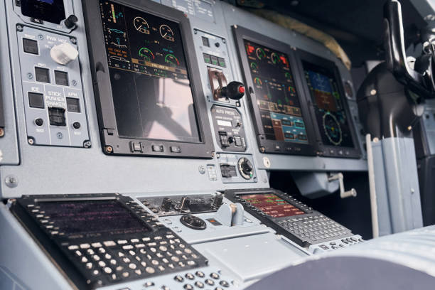 istock Display with information. Close up focused view of airplane cockpit 1365850748