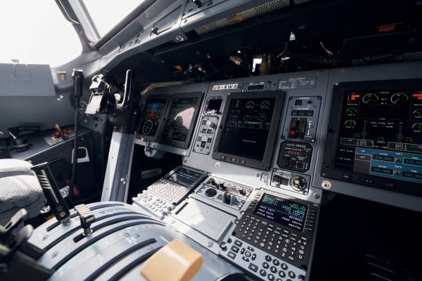 istock Display with information. Close up focused view of airplane cockpit 1365850751