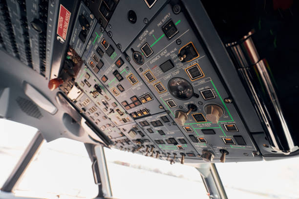 istock Control panel. Close up focused view of airplane cockpit 1365850774