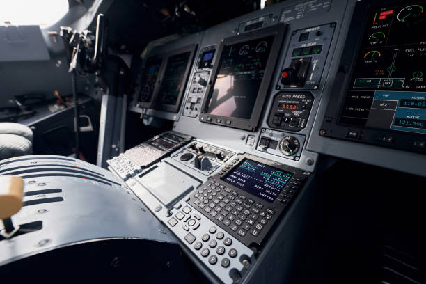 istock Display with information. Close up focused view of airplane cockpit 1365850781