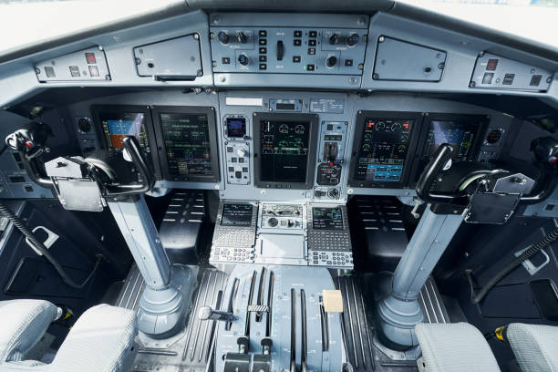 istock Different displays. Close up focused view of airplane cockpit 1365850804