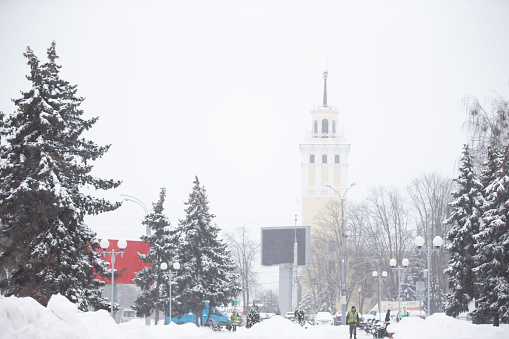 Urban streets in winter.City in a winter day.