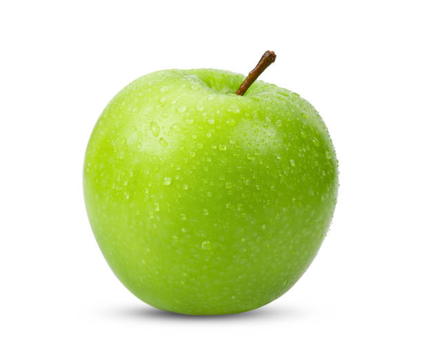 istock green apple isolated on white background with water drop 1365852679