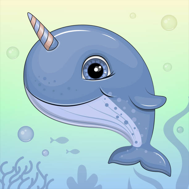 Cute cartoon narwhal with a horn. Underwater sea animal vector illustration with bubbles and seaweeds. unicorn fish stock illustrations