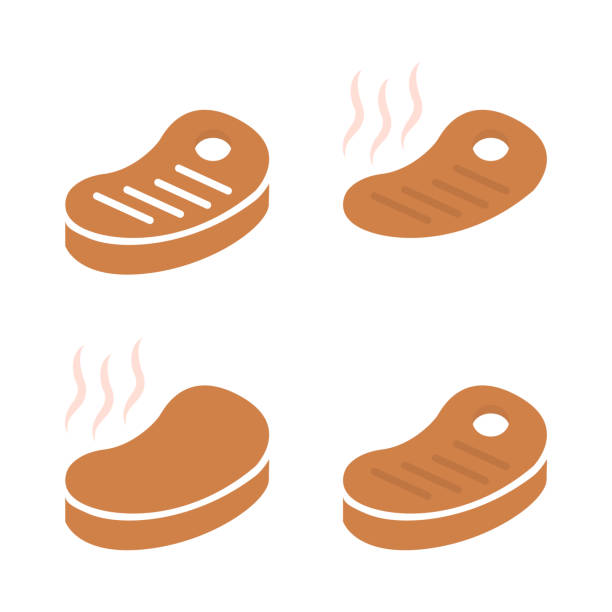 ilustraciones, imágenes clip art, dibujos animados e iconos de stock de icono de carne sobre un fondo blanco, ilustración vectorial - strip steak steak barbecue grill cooked