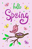 istock hello spring. spring greeting card. a bird on a nest. vector poster. 1365853803