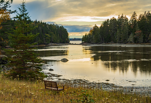 a bench to enjoy a beautiful evening at Pretty Marsh on Mount Desert Island, Maine, USA