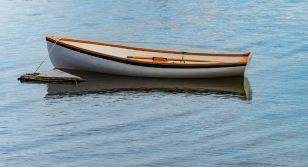 istock a row boat tied up in the harbor 1365854118