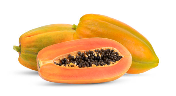 istock Ripe papaya fruit with seeds isolated on white 1365854195