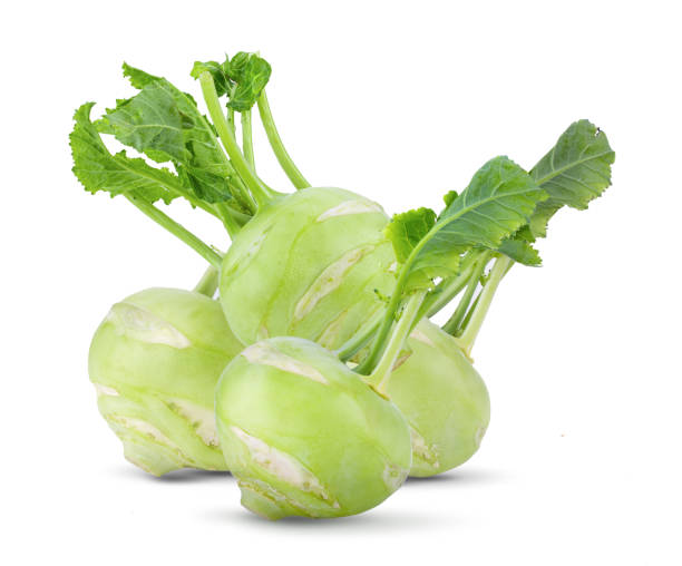 fresh kohlrabi with green leaves on isolated white - kohlrabi turnip kohlrabies cabbage imagens e fotografias de stock