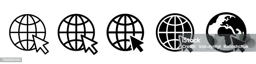 istock Click to go to online website icon. Globe icons with cursor set. Go to website sign. Internet icons collection. Line and flat style symbol - stock vector. 1365855551