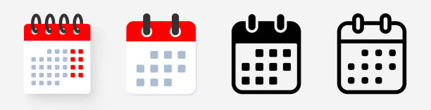 illustrazioni stock, clip art, cartoni animati e icone di tendenza di icone del calendario impostate. icona del calendario settimanale. contorno e stile piatto. simbolo del calendario per app e sito web. stile differenza icona calendario - vettoriale stock. - calendario