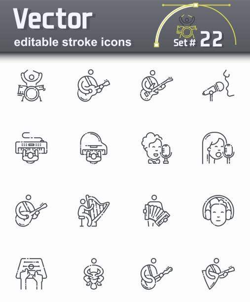 Vector editable stroke line icon set of musicians playing variable musical instruments Vector editable stroke line icon set of musicians playing variable musical instruments isolated on transparent background psaltery stock illustrations