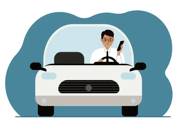 Vector illustration of Man using smartphone while driving a car. Driving hazard. Vector flat