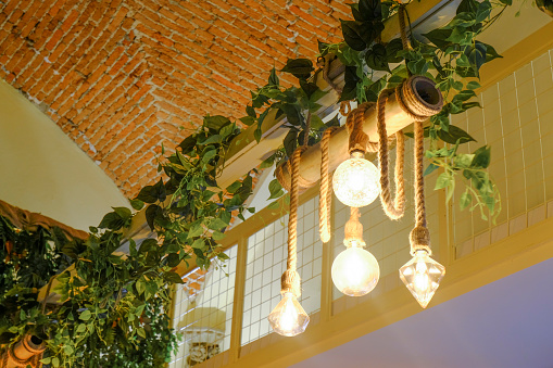 the decorative chandelier hanging on ropes across green plants, brick walls on the ceiling. Interior design. Light design