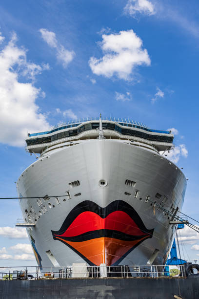 Papenburg, Germany - August 24, 2021: New cruise ship AIDA cosma at Shipyard Meyer in Papenburg largest shipyards in the world building cruise ships for international shipping companies for decades.