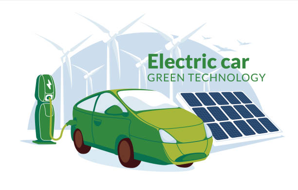 istock refueling for electric vehicles with solar panel. Green energy concept. Electro car or gybrid on the windmill turbines background. Flat vector illustration 1365858571