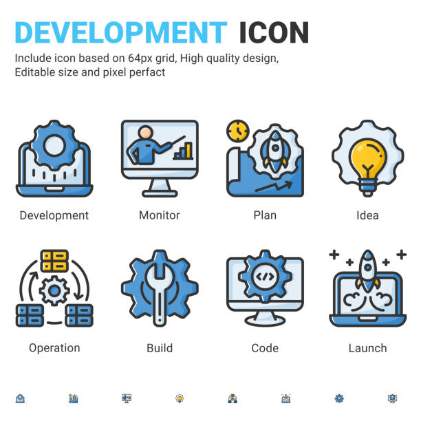 Vector devops icons set with outline color style isolated on white background. Icon IT operation and software development sign symbol concept for operate, software, app and technology. Editable stroke Vector devops icons set with outline color style isolated on white background. Icon IT operation and software development sign symbol concept for operate, software, app and technology. Editable stroke devops-icon stock illustrations