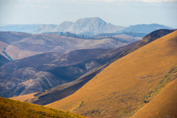 vue sur les pentes partiellement brûlées et couvertes d’herbe des montagnes baberton-makhonjwa en hiver, le long de la frontière entre l’afrique du sud et le swaziland. - swaziland photos et images de collection