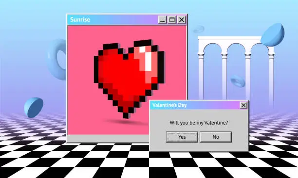 Vector illustration of Vaporwave styled Valentine's Day greeting card with dialogue window asking romantic question. Pixel heart over the checkered floor in the surreal pastel landscape with retro computer theme from 90s.