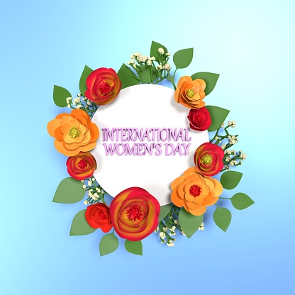8 March International Women's Day celebration greeting card on blue background with floral design. 8 March International Women's Day text. Easy to crop for all your social media and print sizes.