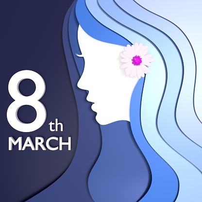 8 March International Women's Day celebration greeting card on blue background with floral design and woman silhouette. 8th March Women's Day text. Easy to crop for all your social media and print sizes.