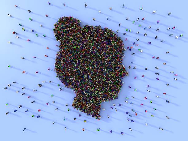 Human crowd forming woman silhouette on blue background. Horizontal composition with copy space and directly above. 8 March International Women’s Day or Mother’s Day concept. Easy to crop for all social media and print sizes.