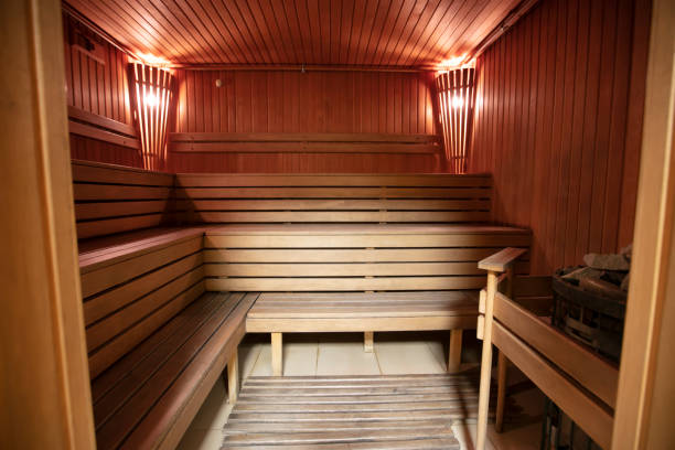istock Interior of a modern wood-fired sauna. Steam room. 1365860799