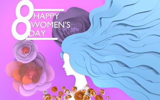 8 March International Women's Day celebration greeting card on pink background with floral design and woman silhouette. Number 8 Happy Women's Day text. Easy to crop for all your social media and print sizes.