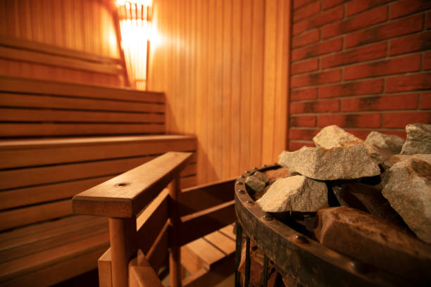istock Interior of a modern wood-fired sauna. Steam room. 1365861483