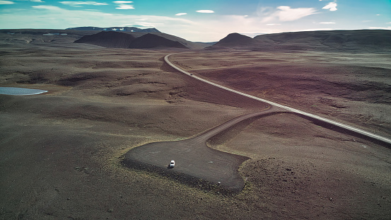 Drone flight over lonely road in the Iclandic highlands in the lava desert near herdubreid