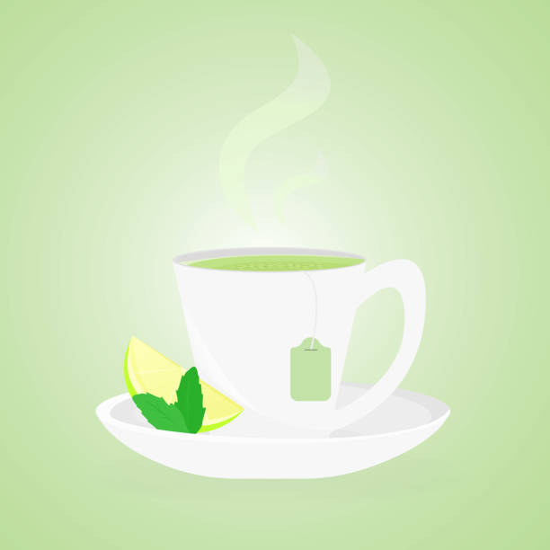 чашка и блюдце с горячим зеленым чаем или чаем маття и чайным пакетиком внутри и лаймом с мятой - green tea tea scented mint stock illustrations