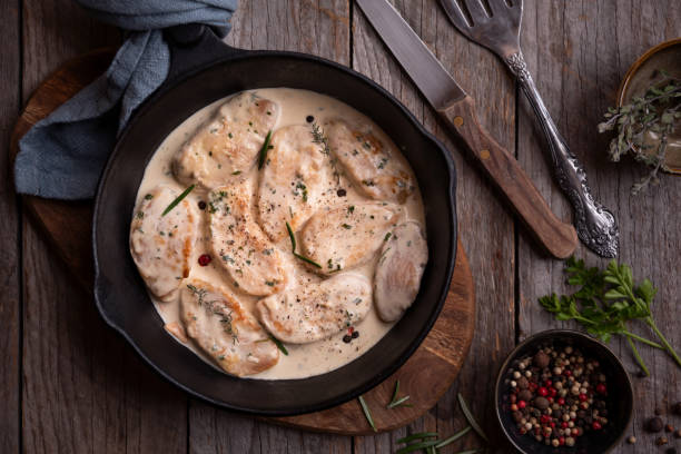 istock Cooked chicken breast with creamy sauce in frying pan 1365865103