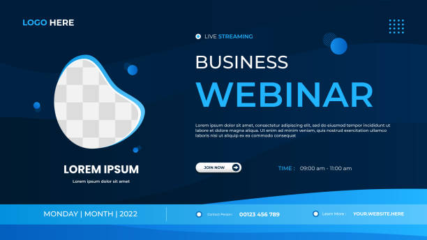 Business webinar website banner template with liquid frame and blue background Business webinar website banner template with liquid frame and blue background presentation speech borders stock illustrations