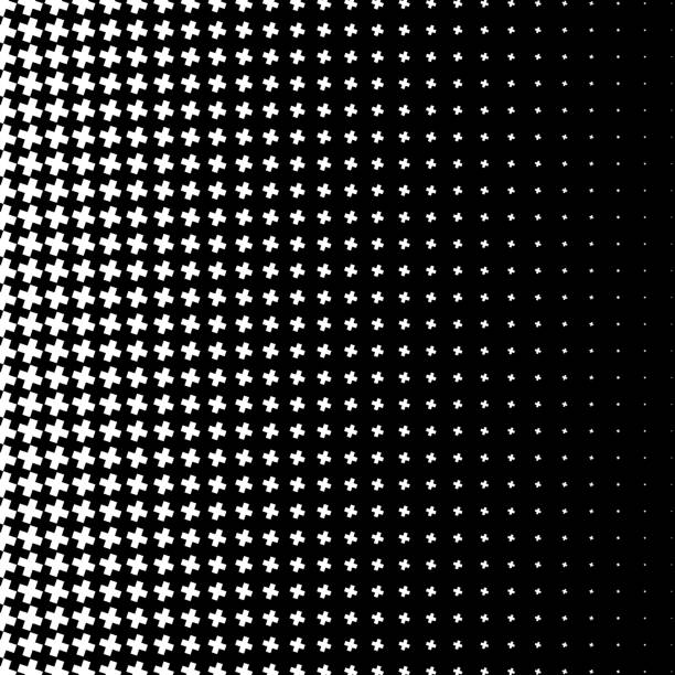 Black and white plus sign grid pattern, horizontal size gradient creates fade vector art illustration