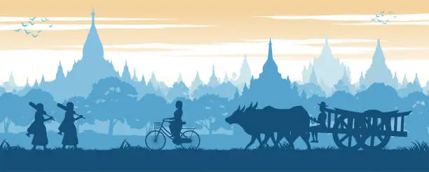 Vector illustration of Asean scenery country background of Myanmar with Pagoda sea while monk on pilgrimage woman ride bicycle and man on cow cart